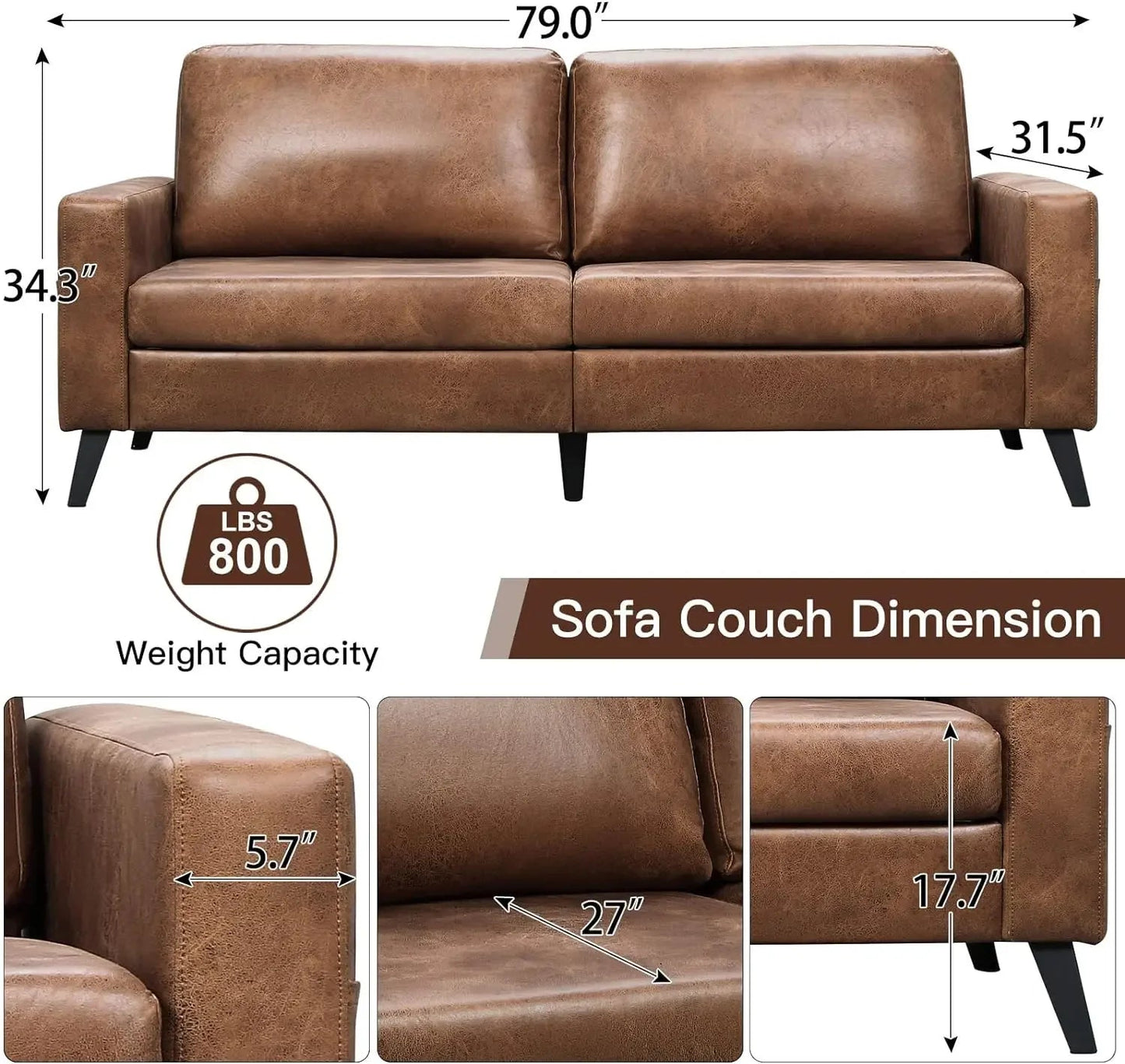 Leather Couch for Living Room, Small Brown Faux Leather Mid-Century Modern Couch Leather Sofas, 79" Wide Sofas & Couches - HOMELIVING