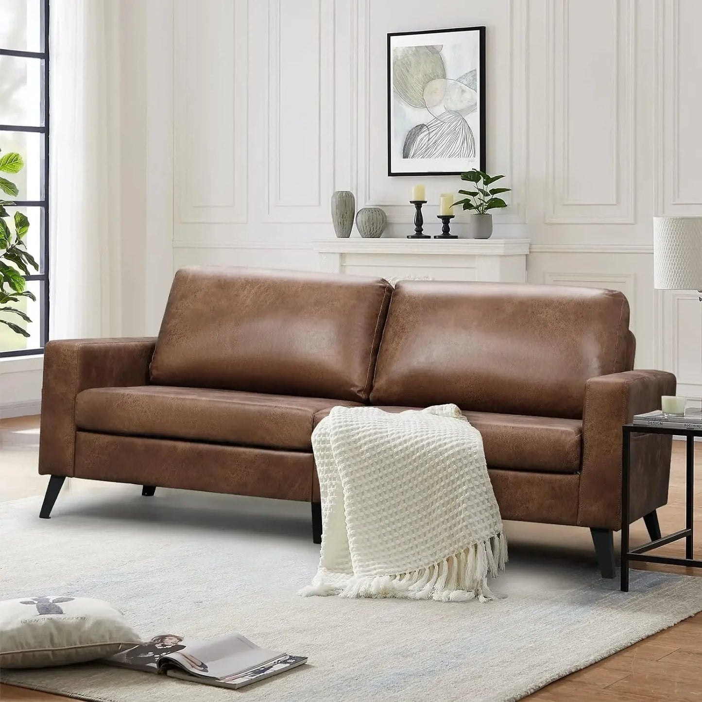 Leather Couch for Living Room, Small Brown Faux Leather Mid-Century Modern Couch Leather Sofas, 79" Wide Sofas & Couches - HOMELIVING
