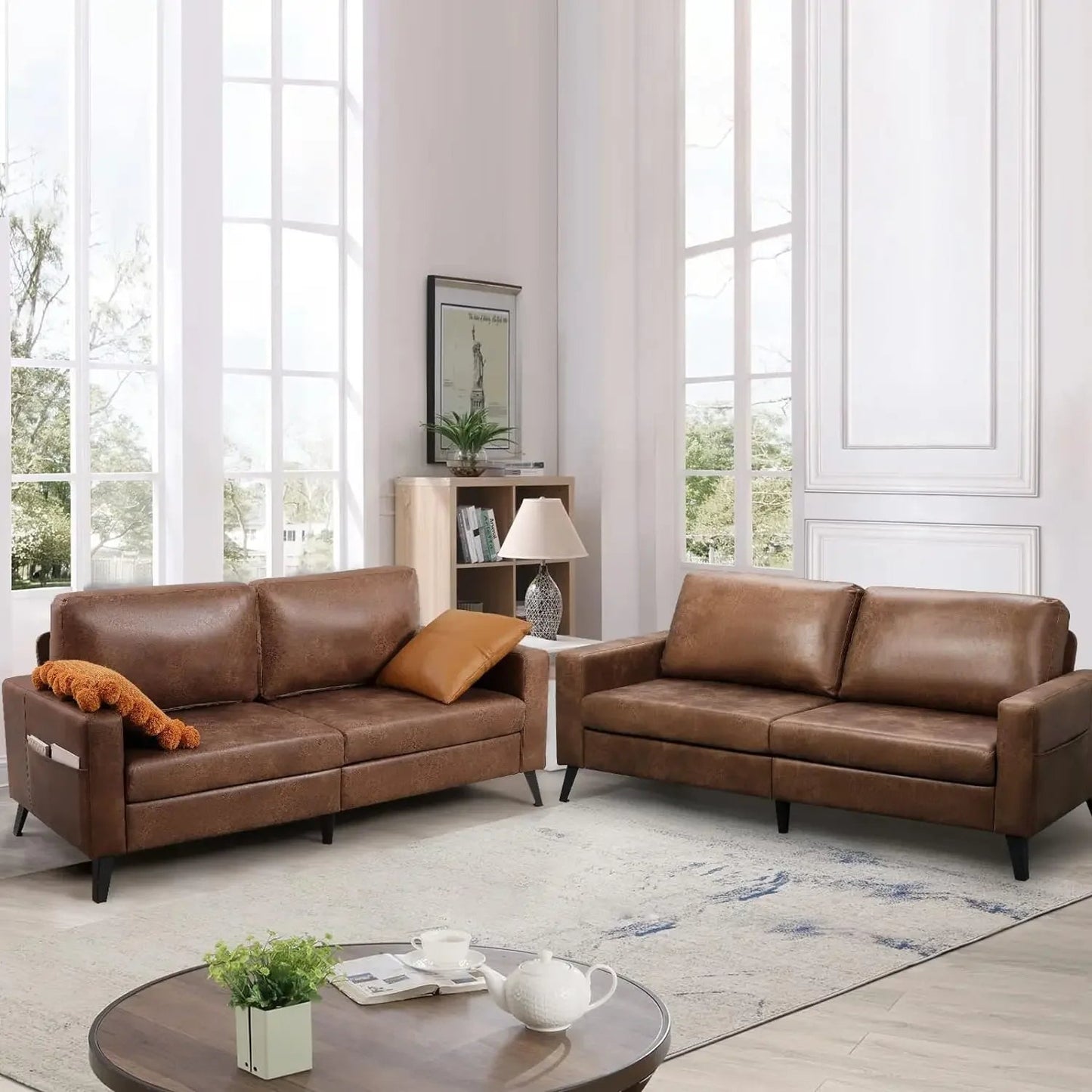 Leather Couch for Living Room, Small Brown Faux Leather Mid-Century Modern Couch Leather Sofas, 79" Wide Sofas & Couches - HOMELIVING