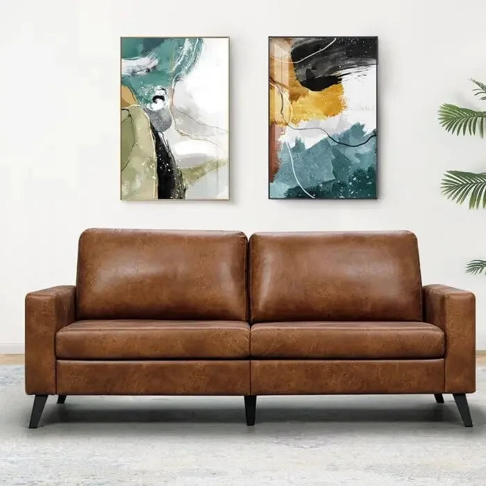 Leather Couch for Living Room, Small Brown Faux Leather Mid-Century Modern Couch Leather Sofas, 79" Wide Sofas & Couches - HOMELIVING
