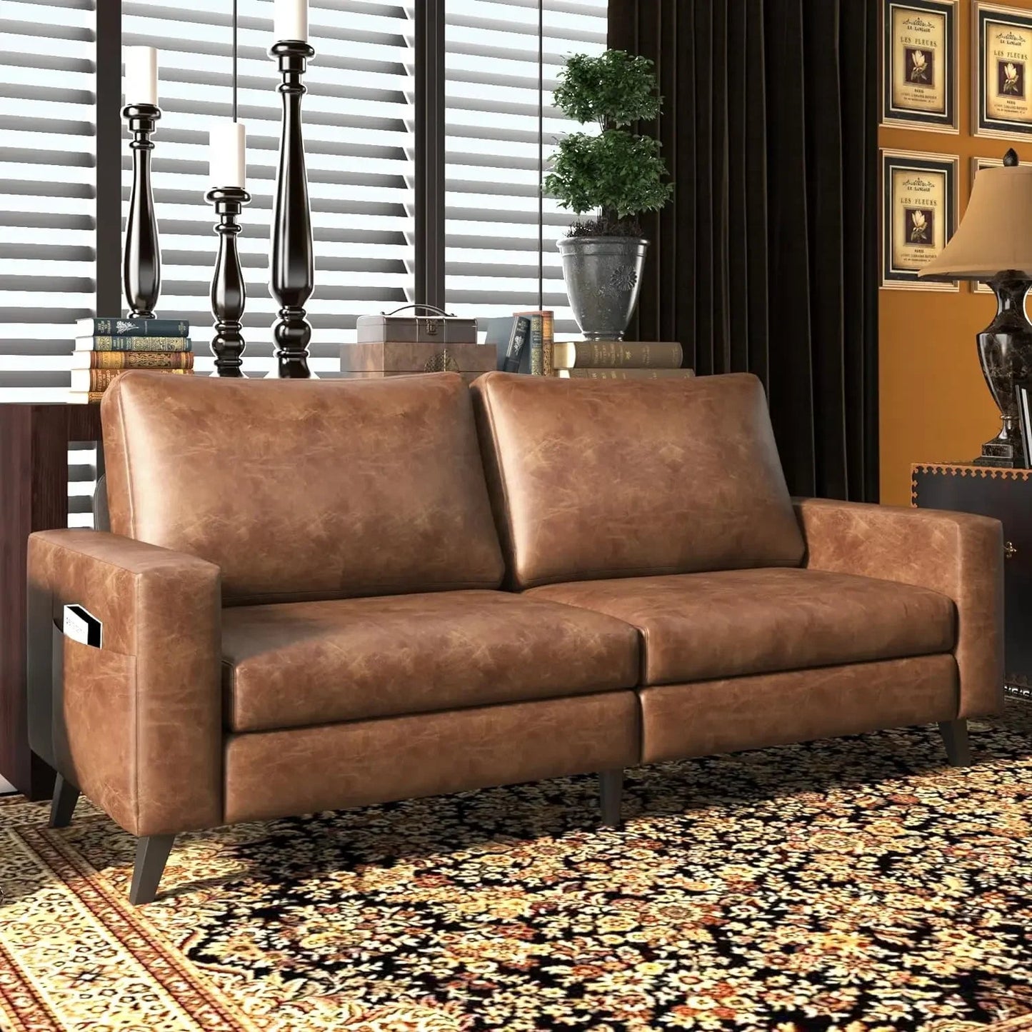Leather Couch for Living Room, Small Brown Faux Leather Mid-Century Modern Couch Leather Sofas, 79" Wide Sofas & Couches - HOMELIVING