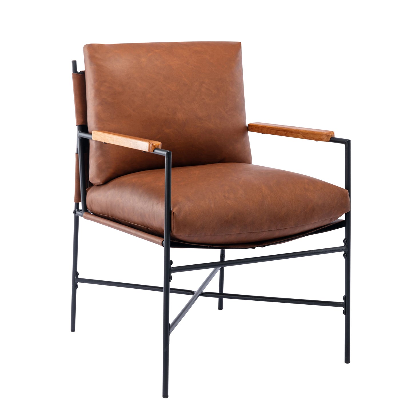 Metal Frame Linen Accent /Faux Leather Chair with Thick Padded Backrest and Seat Cushion for Living Room Bedroom - HOMELIVING