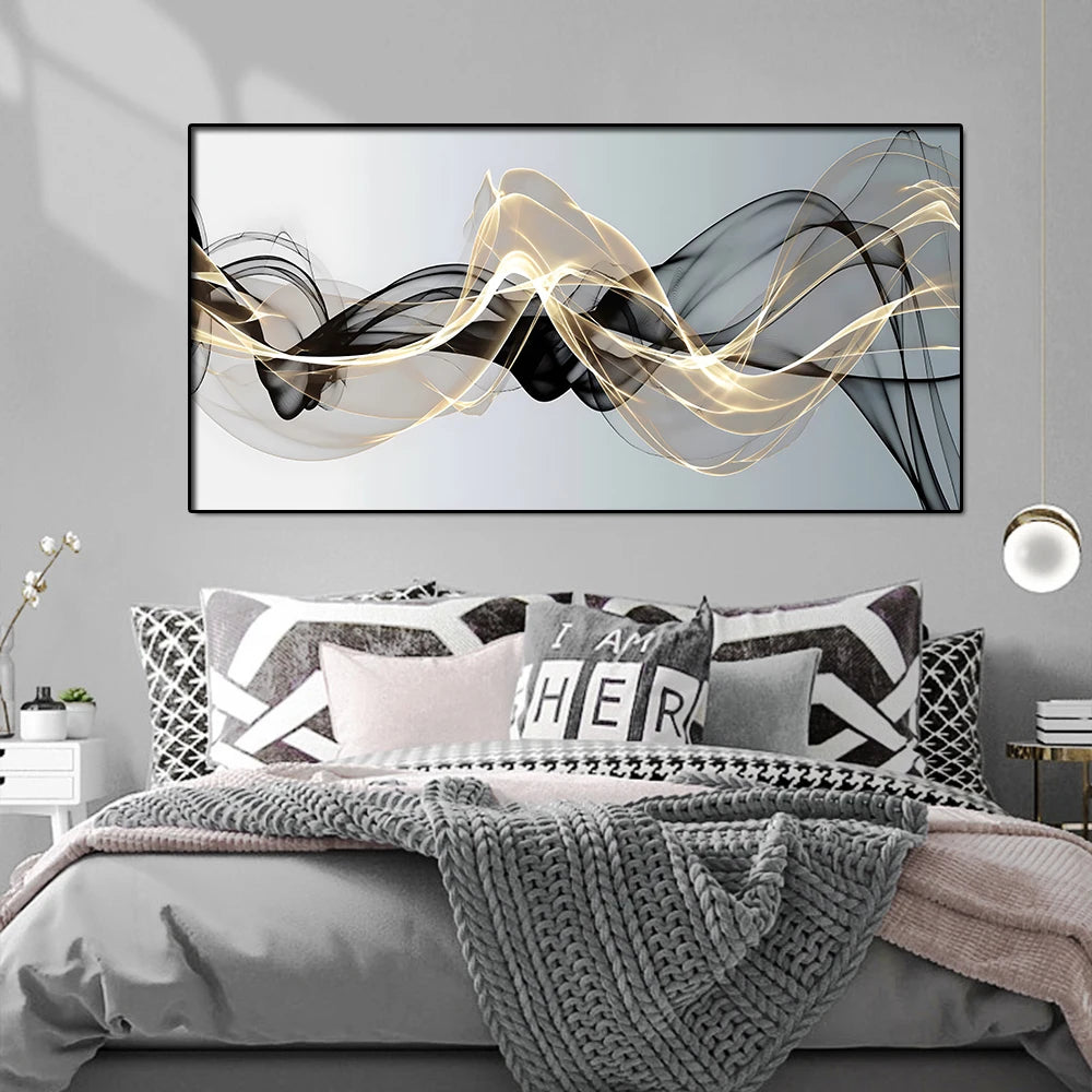 Abstract Black Gold Silk Ribbon Painting Gallery Wall Art Modern Luxury Canvas Painting Print Poster for Home Room Cuadros Decor - HOMELIVING
