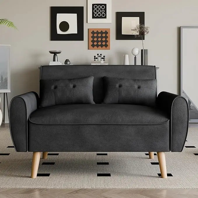 47" Small Modern Loveseat Sofa, Mid Century Linen Fabric 2-Seat Couch Tufted Love Seat with Back Cushions and Tapered Wood Legs - HOMELIVING