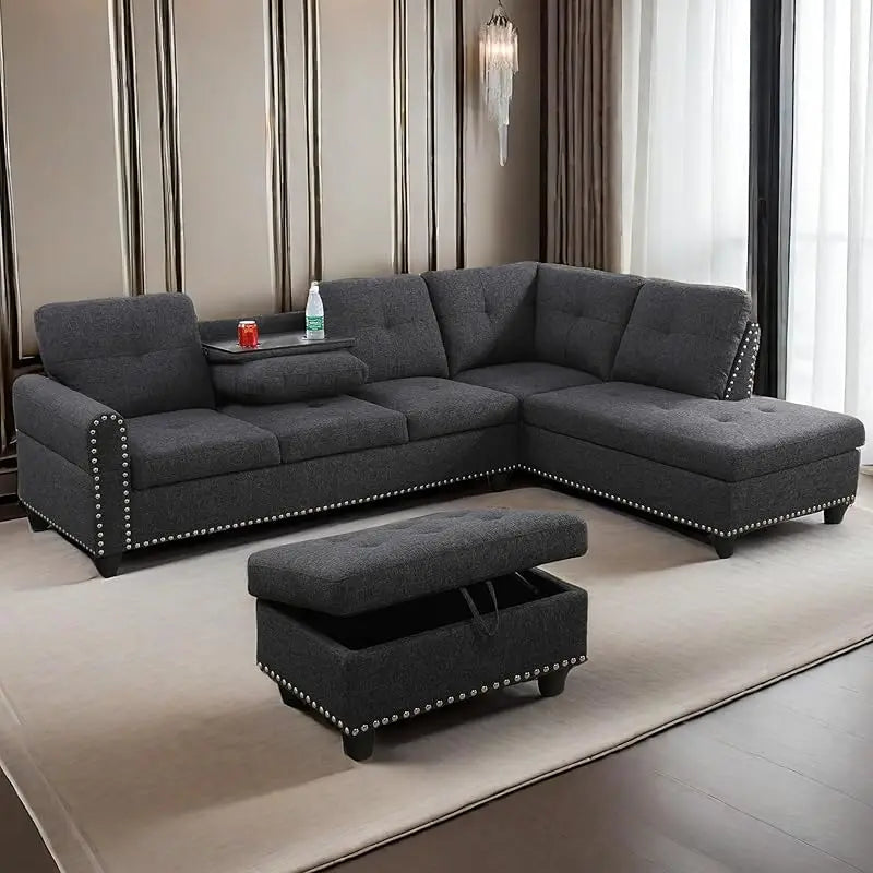 L Shaped Sofa with Ottoman Modern Nail-Head Design Linen Facing Sectional Couches with Cup Holder for Living Room etc. - HOMELIVING