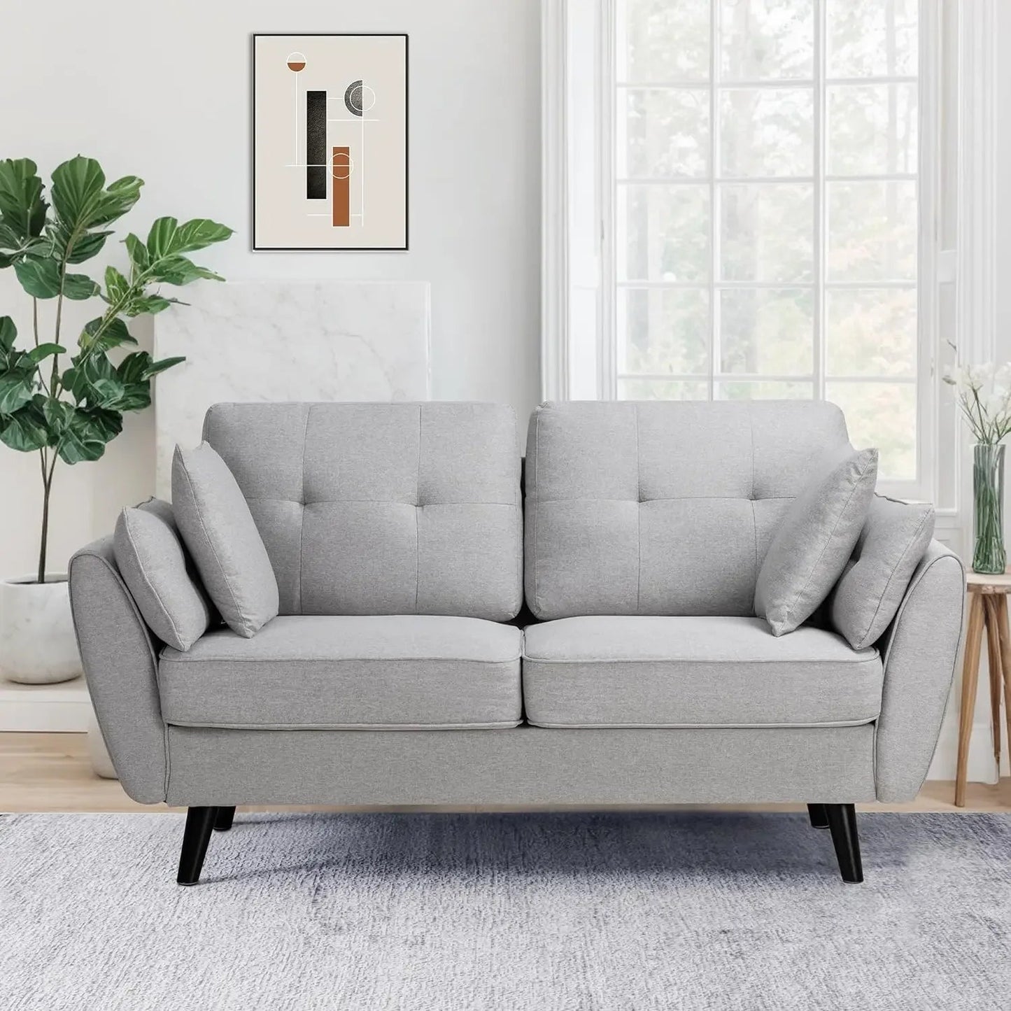 63" Modern Loveseat Sofa Couch,Mid Century Couches for Living Room, Upholstered 2-Seat Love Seats with Pillow, Small Space Sofa - HOMELIVING