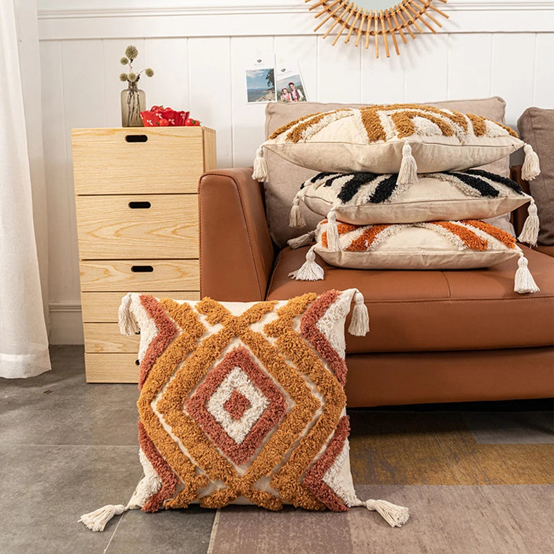 Tufted Boho Cushion Cover with Tassels - 45x45cm