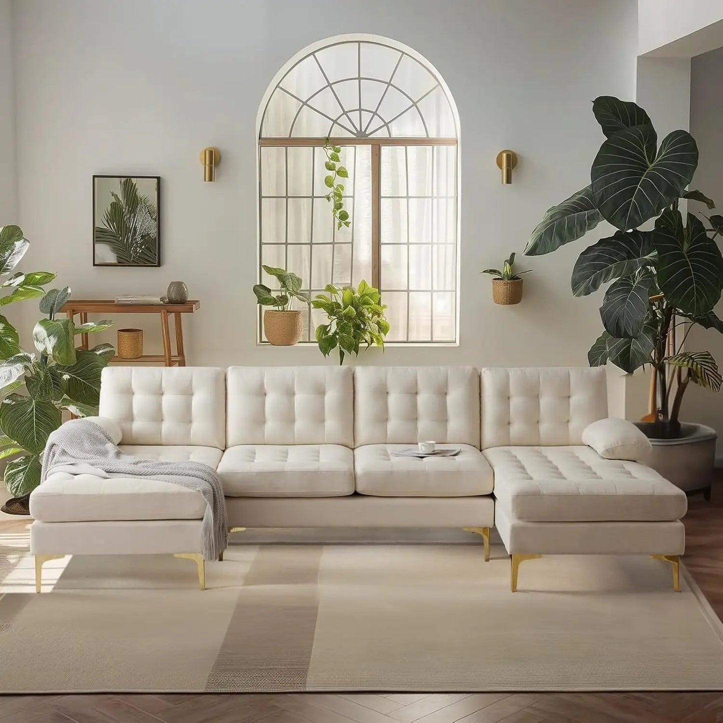 U Shaped Sectional Couch with 51"D Double Chaise , Beige Deep Seat Sectional Sofa Sets with 5.9" Thickness Seating Padding - HOMELIVING