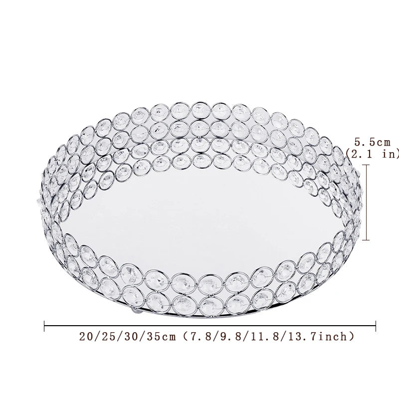 Crystal Decoratiive Mirror Tray Round Plate Luxury Serving Tray Table Metal Makeup Storage Dishes Wedding Trinket Decoration - HOMELIVING