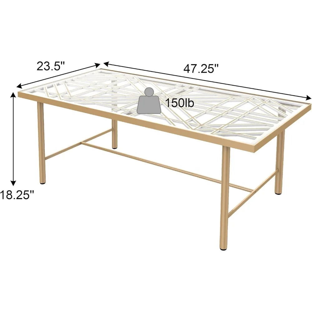 Rectangular Glass Coffee Table, Modern Coffee Table with 3D Hollowed Out Carved Wooden Board, Living Room Gold Coffee Table - HOMELIVING