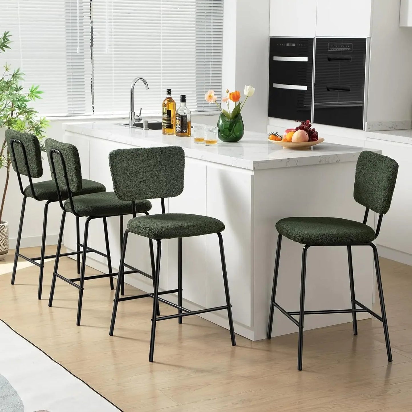 Bar Stools Set of 4Counter Height Bar Stools:Upholstered Boucle Fabric Bar Stool for Kitchen Bistro Pub Armless Modern Chair - HOMELIVING