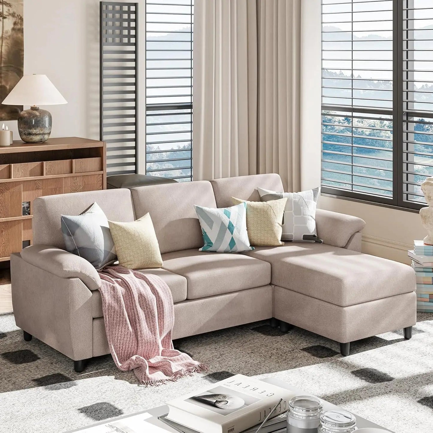 79" Modern Sectional Sofa Couch, Convertible L Shaped Couch with Reversible Ottoman, 3-Seat Sofa Sectional w/ Removable Armrest - HOMELIVING