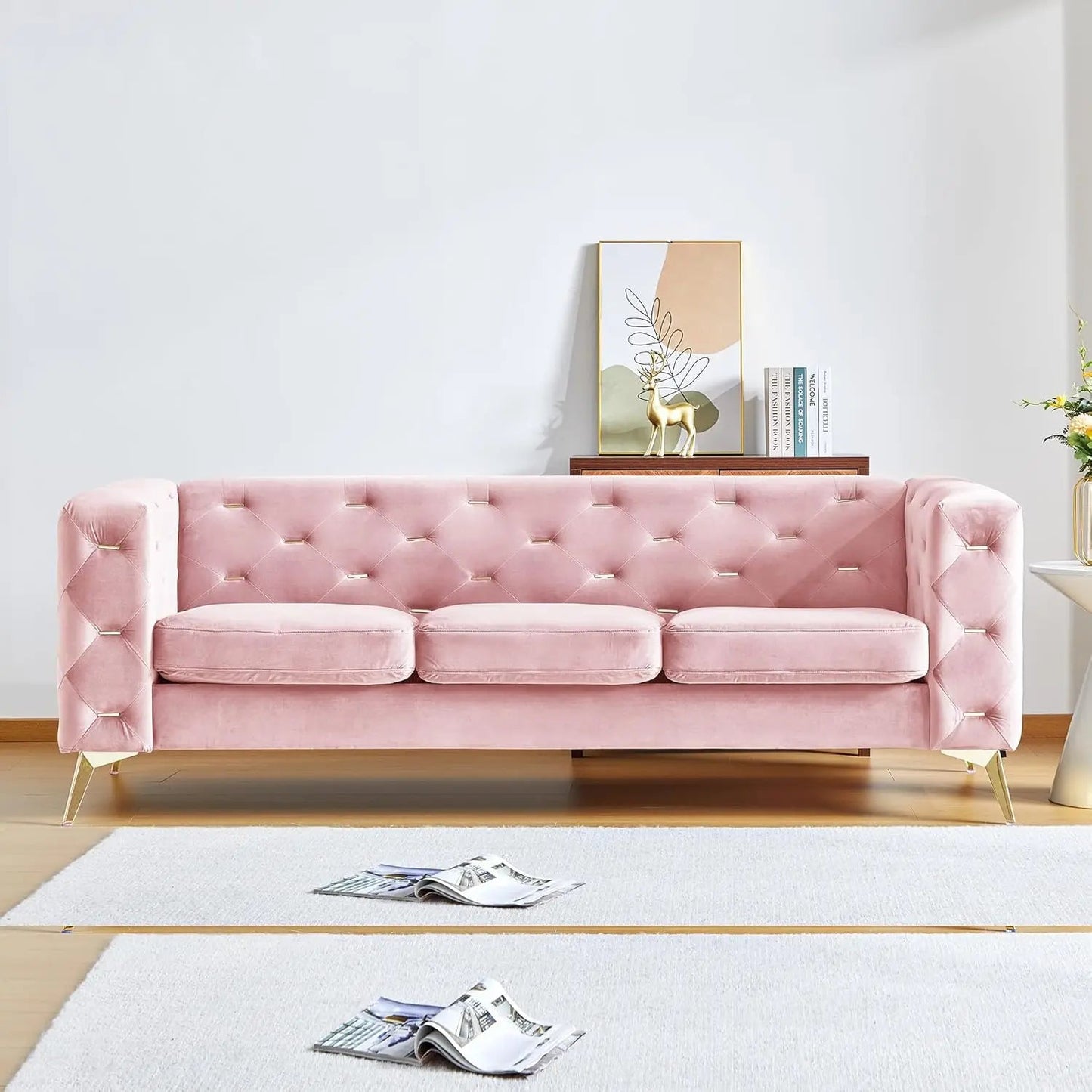Chesterfield Sofa, 84'' Modern 3 Seater Velvet Accent Couch with Square Arms and Metal Tufted Button, Metal Legs for Living Room - HOMELIVING