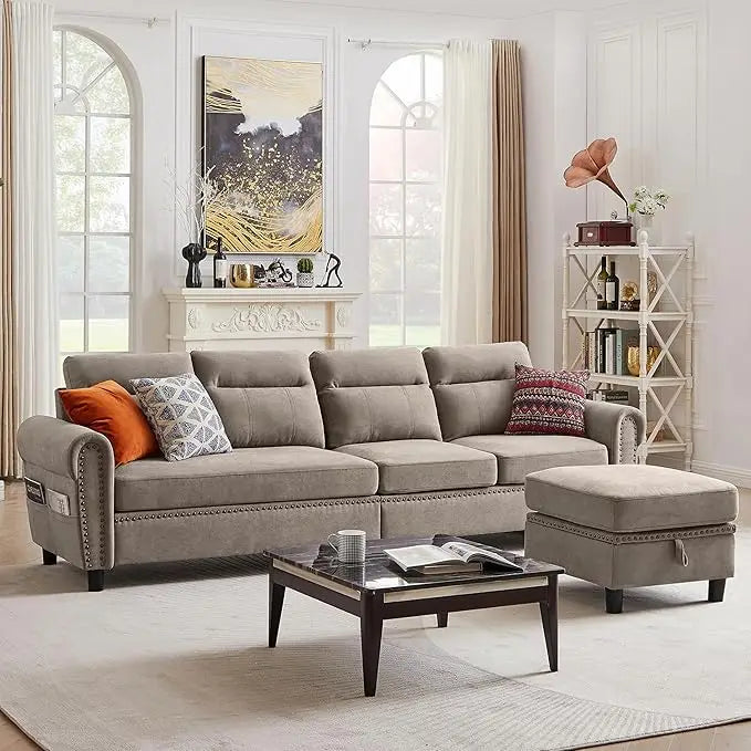 Sectional Sofa with Storage, Modern Linen L Shaped Sofa Couch with Reversible Chaise and Side Pocket, 4-Seat Convertible Sofa - HOMELIVING
