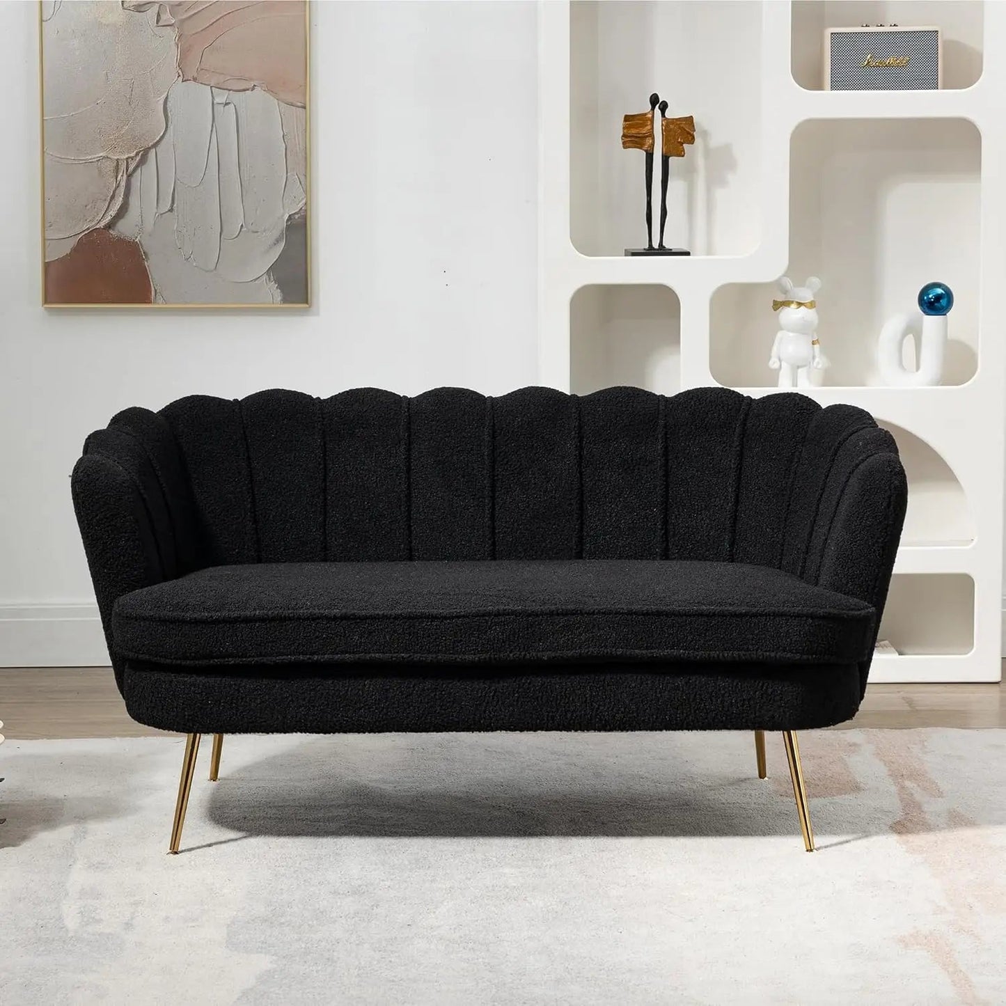 Wide Modern Boucle Loveseat Small Sofa Small Mini Room Couch 2-Seater Sofa with Gold Metal Legs - HOMELIVING