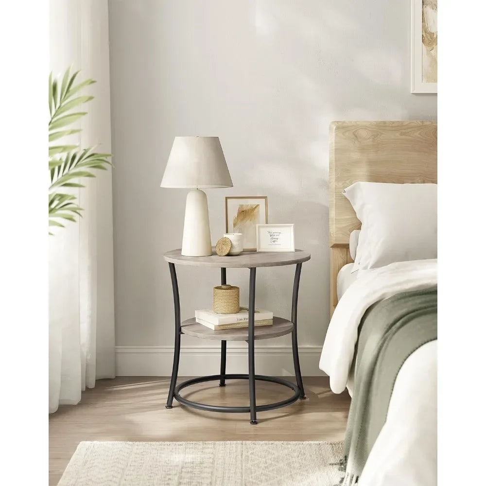 Side Table, Round End Table with 2 Shelves for Living Room, Bedroom, Nightstand with Steel Frame for Small Spaces - HOMELIVING