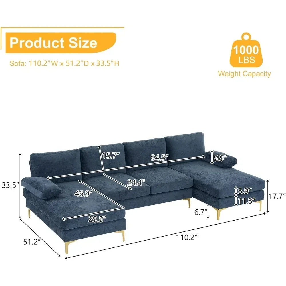 Convertible Sectional Sofa with Chaise Chenille Fabric Upholstered for Living Room, 110" U-Shape Sofa Couch 4-Seat Couch - HOMELIVING