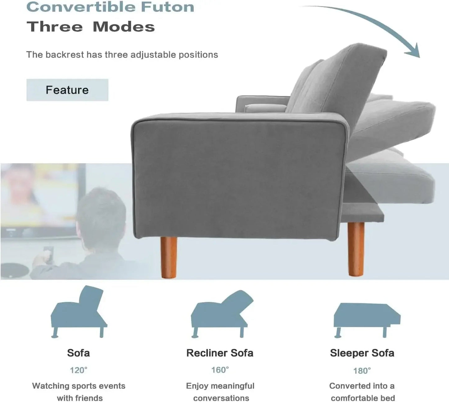 Convertible Futon Sofa Bed Fabric Modern Folding Couch, Upholstered Couch Recliner with 2 Pillows and Armrests for Living Room - HOMELIVING