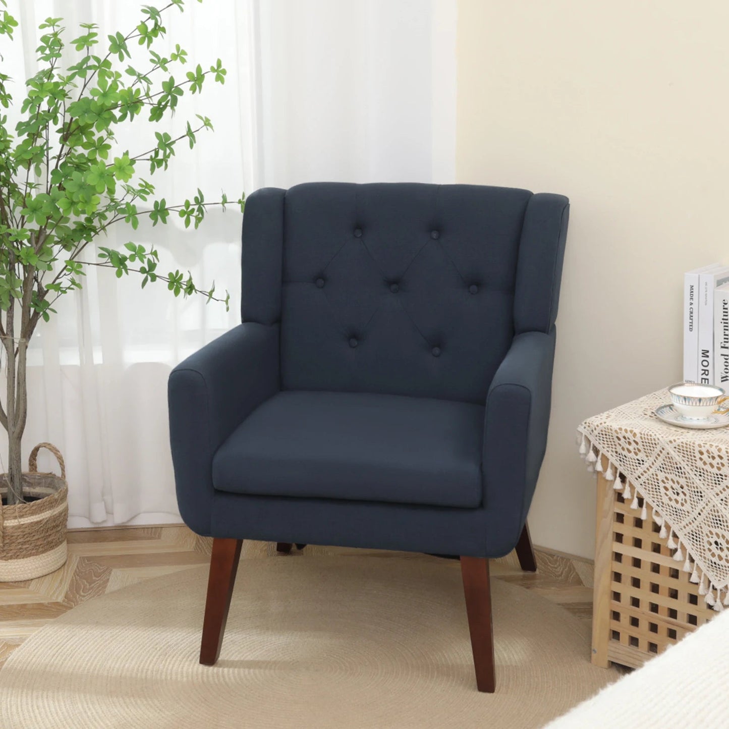 GERICCO Accent Chair Button Tufted Upholstered Lounge Chair Minimalist Comfy Linen Fabric Armchair Nordic Couch for Living Room - HOMELIVING