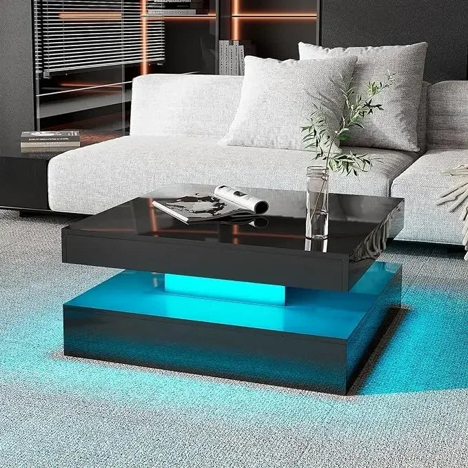 LED Coffee Table, 31inch Wooden Square 2-Tier Tables, Coffee Tables with 16-Color Plug-in LED Light, Coffee Table - HOMELIVING