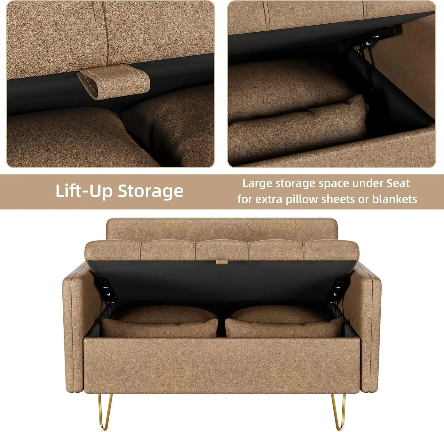 Light Brown Sofa Couch Faux Leather Loveseat Sofa w/Hand Stitched Comfortable Cushion,Modern Design w/Metal Legs&Lift-Up Storage - HOMELIVING