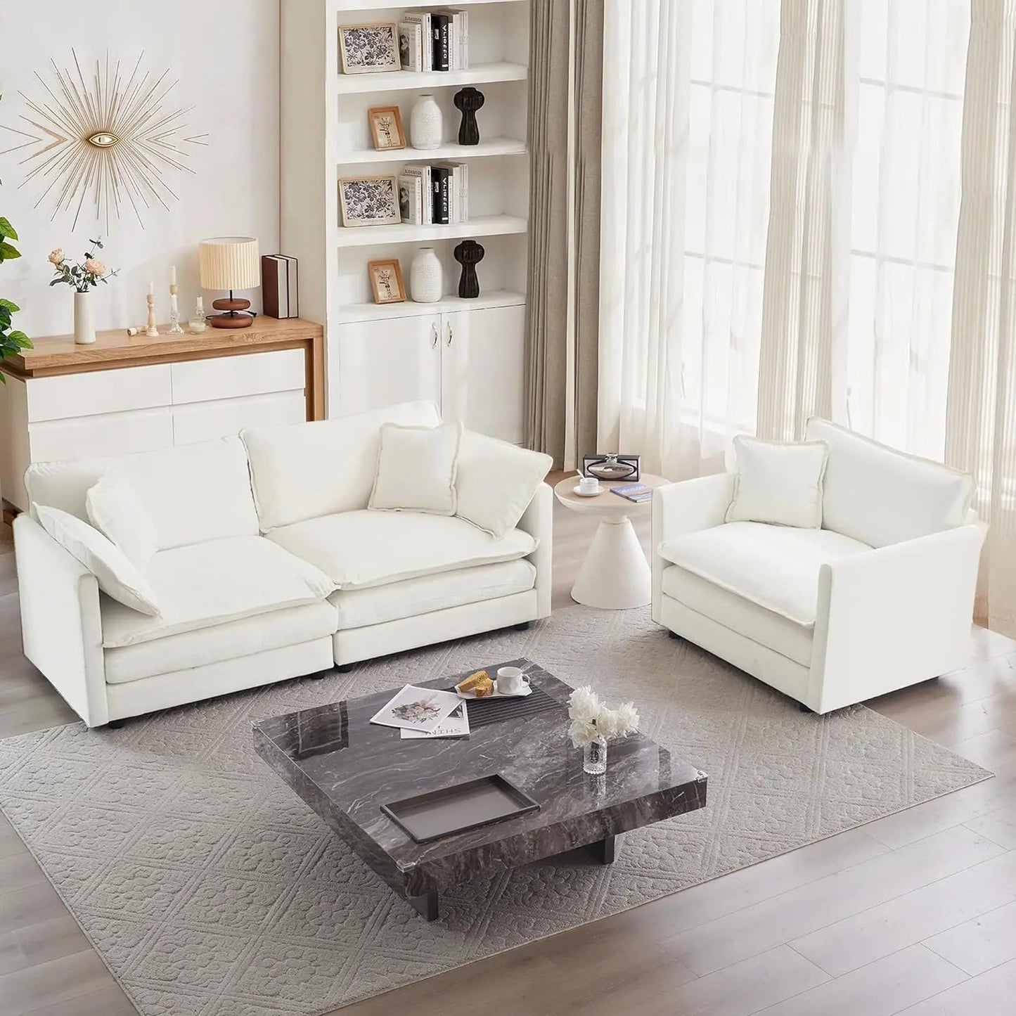 Luxury 2 Piece Loveseat Couch & Sofa Armchair Set, Modern Upholstered Chenille Cloud Couches Set Furniture with 5 Pillow - HOMELIVING