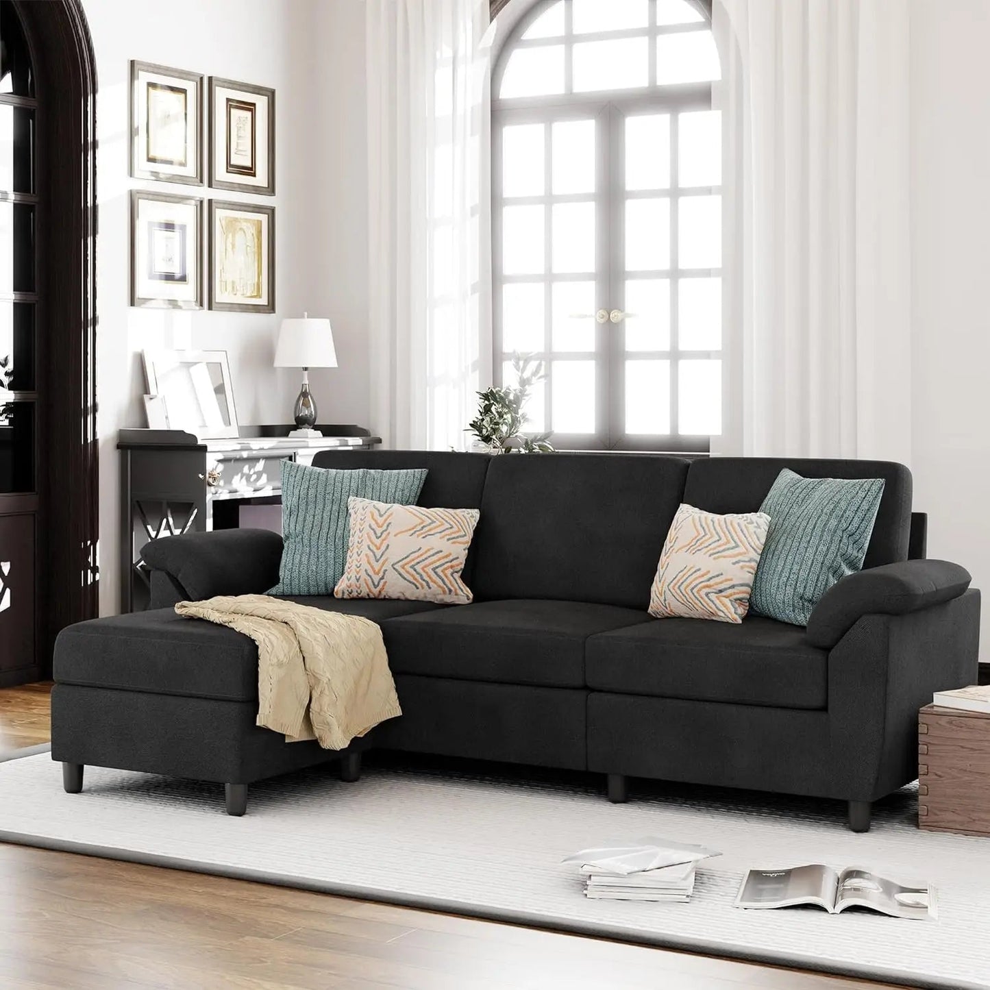 79" Convertible Sectional Sofa Couch, 3 Seat L Shaped Sofa with Removable Pillows Linen Fabric Small Couch Mid Century - HOMELIVING