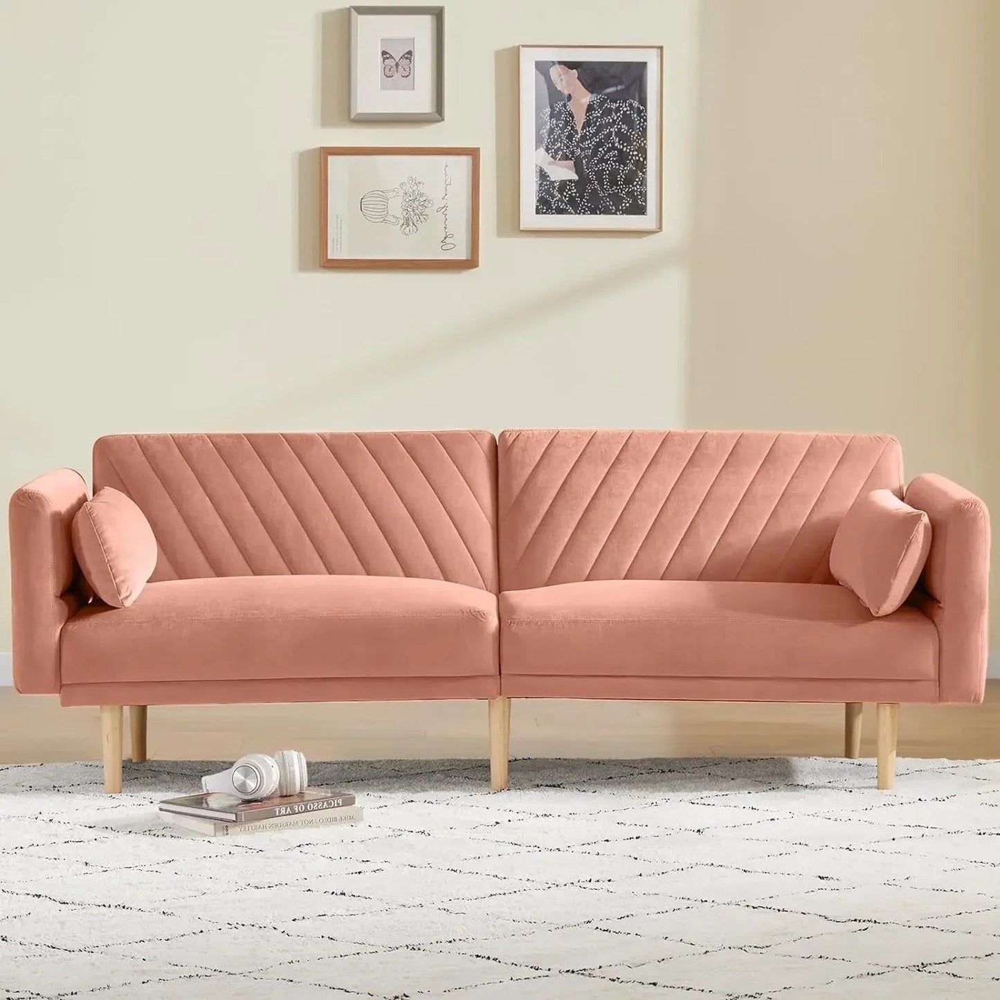 Fabric Futon Sofa Bed, Convertible with Adjustable Armrests and Backrest, with 2 Pillows, Modern Futon Couches for Living Room - HOMELIVING