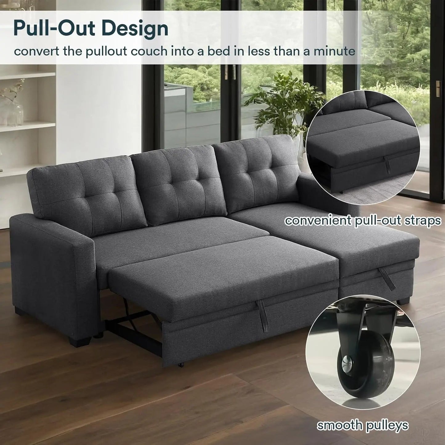 L Shaped Couch with Pull Convertible Sleeper Sofa Bed Sectional with Storage Chaise Lounge for Home Living Room Apartment Dorm - HOMELIVING
