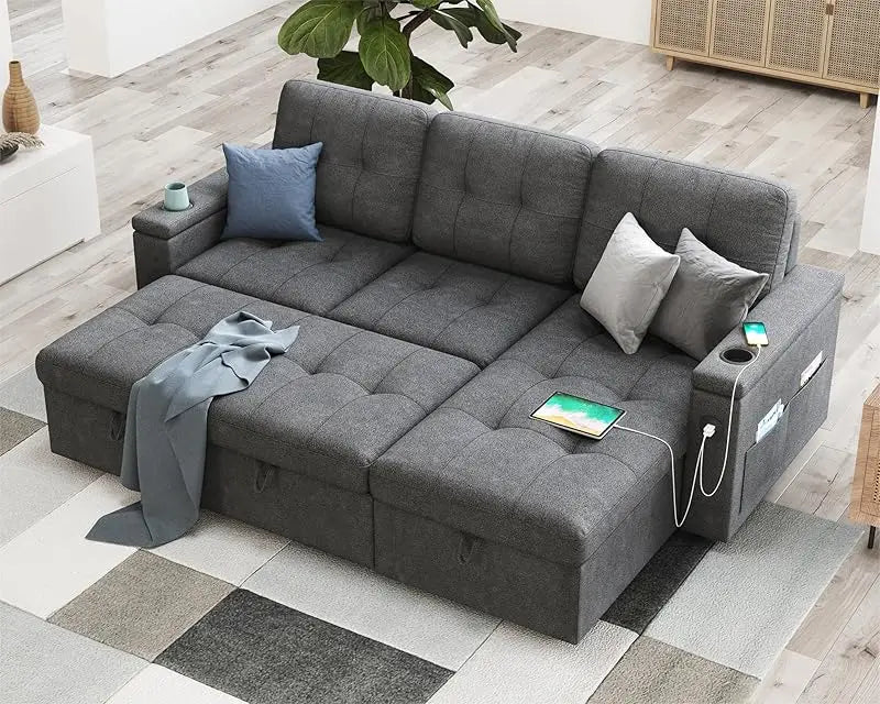 84 Inch Sofa Bed, Sleeper Sofa with 2 USB Sockets & Cup Holders, L Shaped Pull Out Couch Bed Storage Chaise- Dark Grey - HOMELIVING