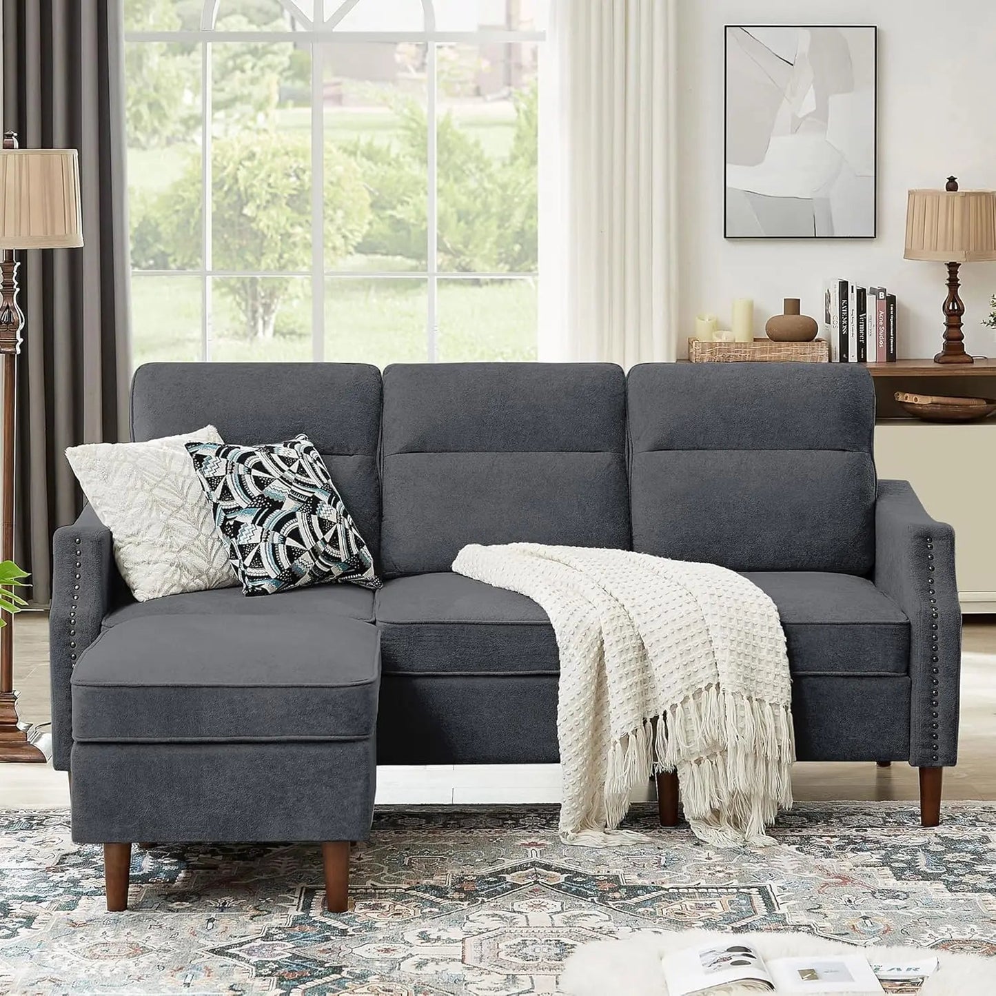 L Shaped Couch Modern Sectional Sofa with Reversible Chaise and Storage Bags, Microfiber Sofas Couches - HOMELIVING