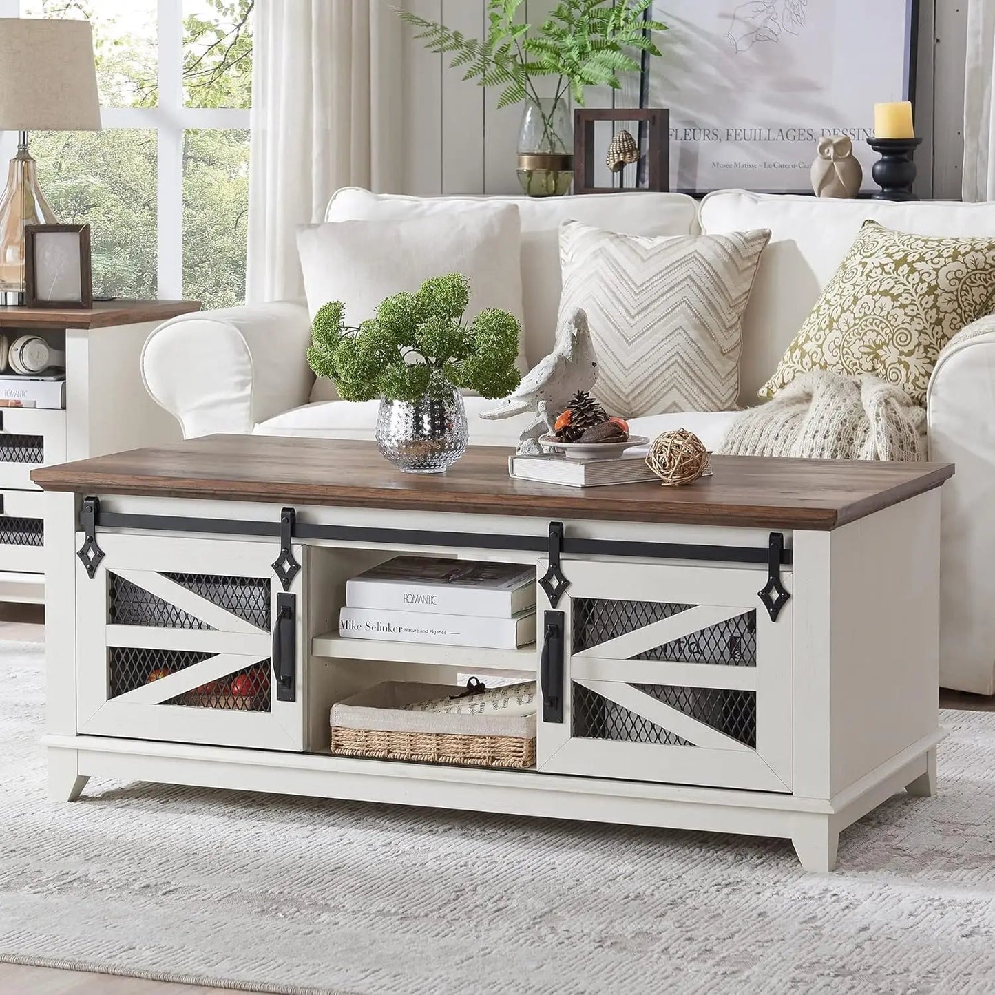 Farmhouse and Industrial Coffee Table with Storage and Sliding Barn Door, Modern Rectangular Rustic - HOMELIVING