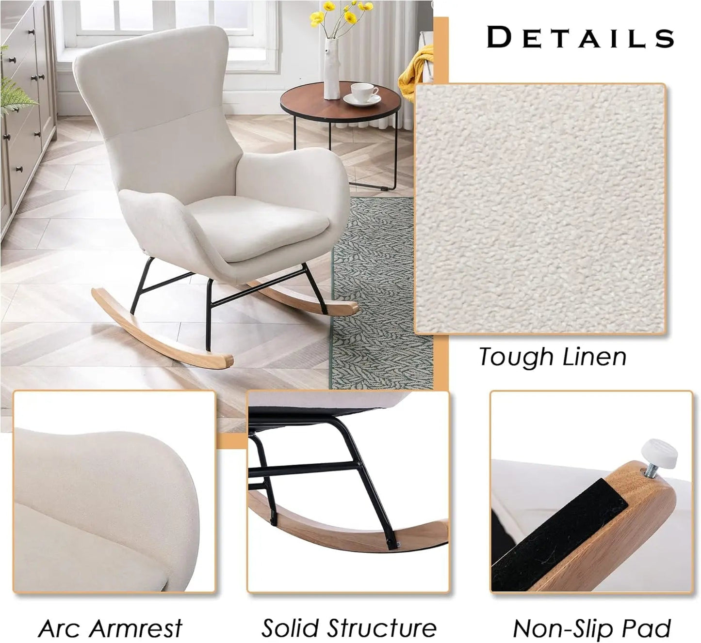 Umail Furniture Rocking Chair Wingback Living Room Accent Chair Linen Rocker Armchair - HOMELIVING