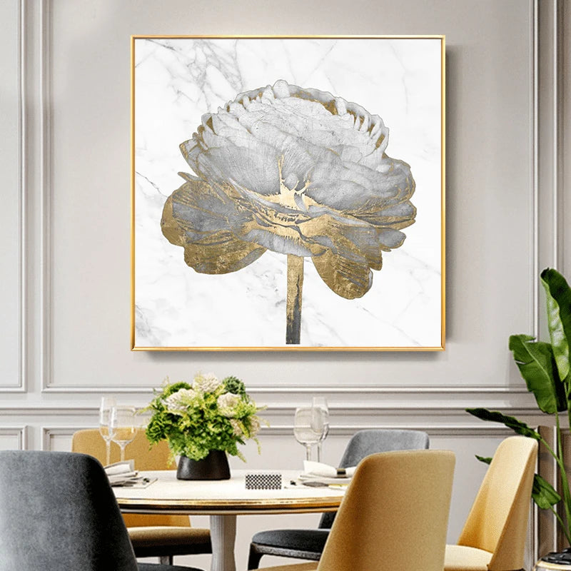 Abstract Floral White Gold Flowers American Style Canvas Painting Luxury Golden Posters Prints for Living Room Decor Wall Art - HOMELIVING