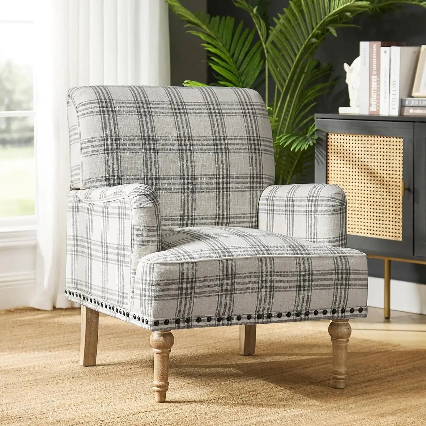 Living Room Chair with Retro Wooden Legs & Nailhead Trim, Comfy Upholstered Armchair, Modern Accent Living Room Chair - HOMELIVING