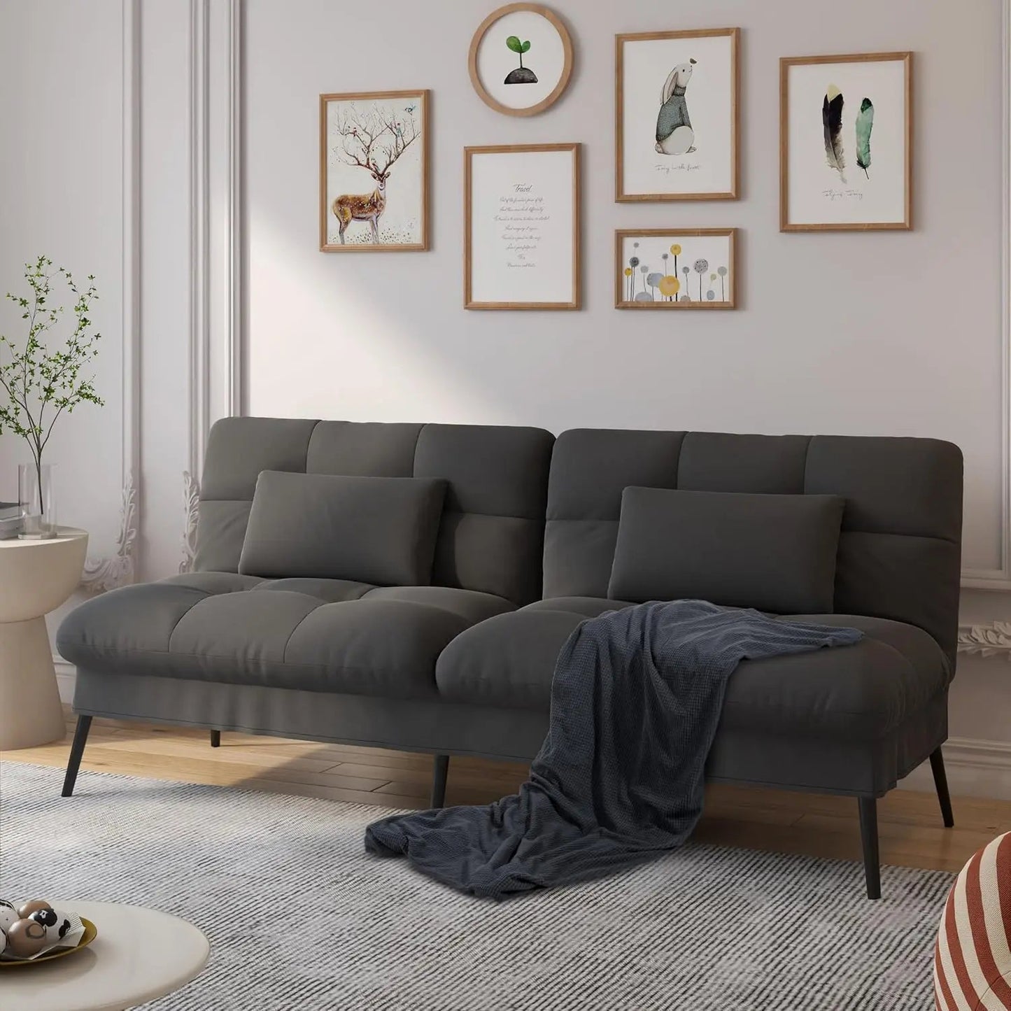 Convertible Futon Sofa Bed, 68″Fabric Futon Couch with Adjustable Backrest, Folding Futon Sleeper Recliner - HOMELIVING