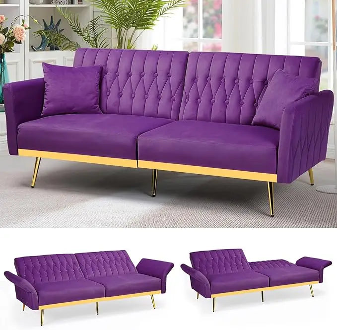 Velvet Futon Sofa Bed w/Adjustable Armrest and Backrest, Convertible Futon Couch w/2 Pillows, Modern Sleeper Bed for Living Room - HOMELIVING