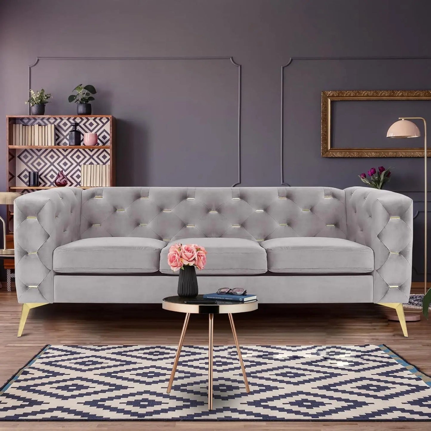 Chesterfield Sofa, 84'' Modern 3 Seater Velvet Accent Couch with Square Arms and Metal Tufted Button, Metal Legs for Living Room - HOMELIVING