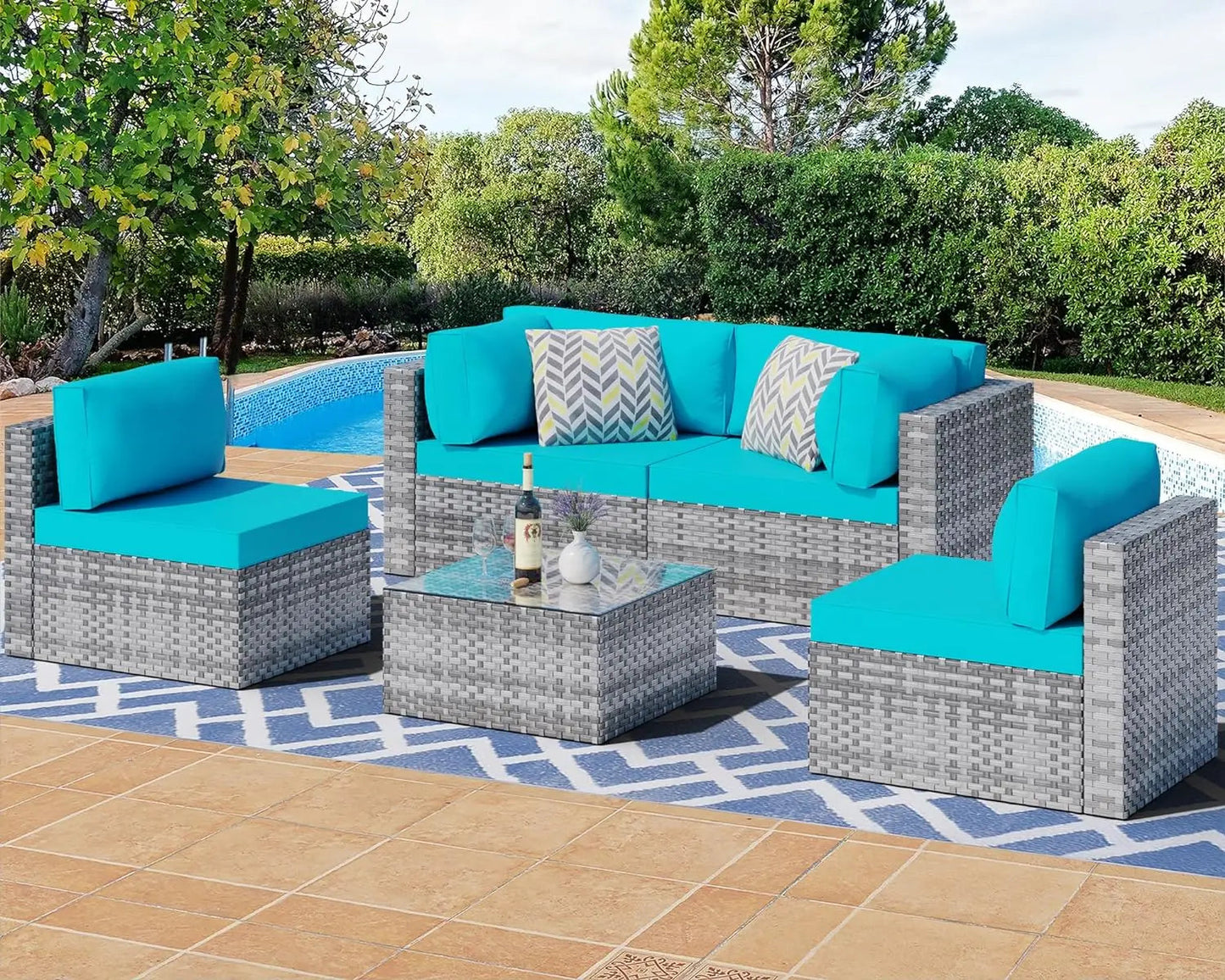 5 Pieces Outdoor Patio Sectional Sofa Couch, Silver Gray PE Wicker Conversation Sets with Washable Cushions Garden Sofas - HOMELIVING