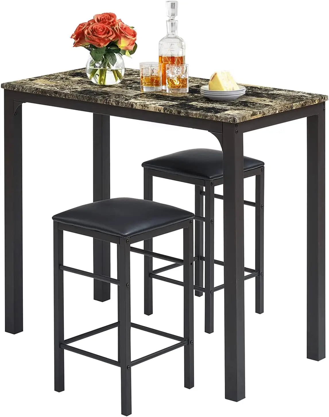 Restaurant Table and Chairs Set, 3-piece Bar Table and Chairs 36 Inch Rectangular Counter, Brown Kitchen Table and Chairs - HOMELIVING