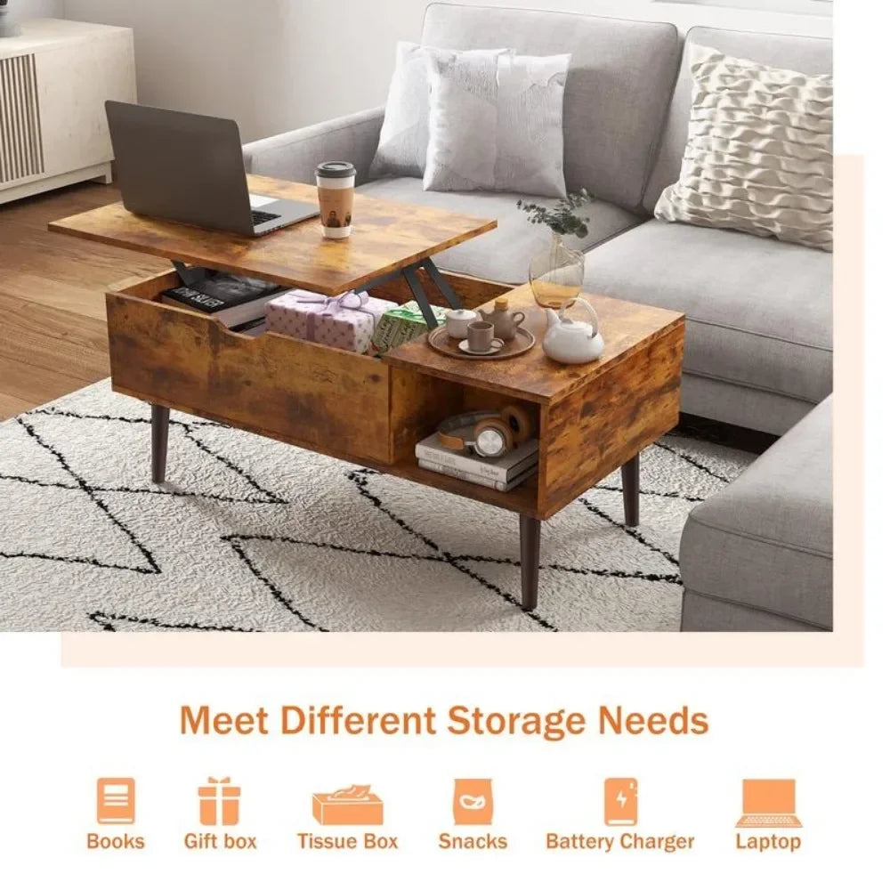 Lift Top Coffee Tables,Rising Tabletop Wood Dining Center Tables with Storage Shelf and Hidden Compartment - HOMELIVING