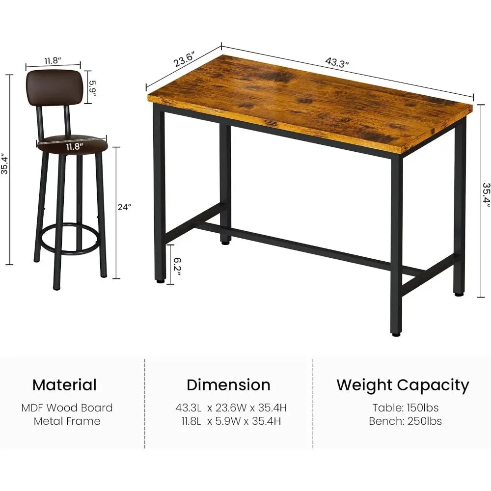 Bar table and set of 4 chairs, industrial counter height bar table with bar 5-piece set, PU upholstered stool with backrest - HOMELIVING