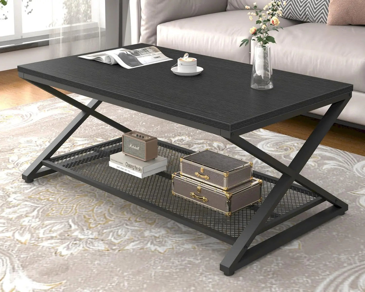 Coffee table, industrial metal wood 2-tier coffee table for living room, for office bedroom - HOMELIVING