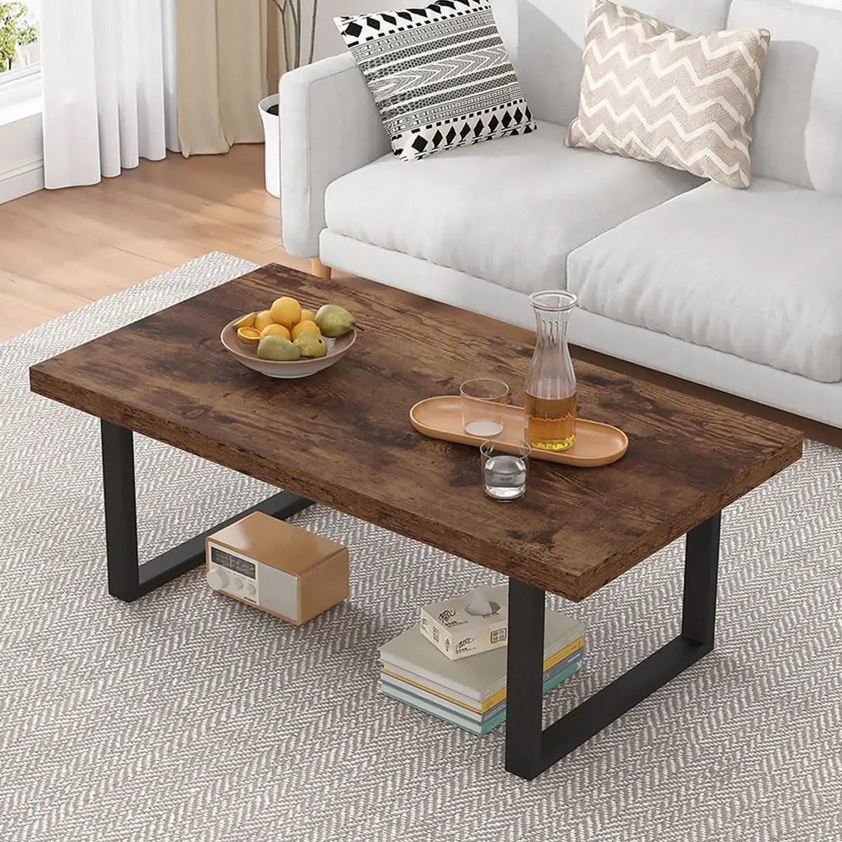 Living Room Table, Modern Simple Farmhouse Wooden Center Table, Bedroom Office Wooden and Metal Vintage Coffee Table - HOMELIVING