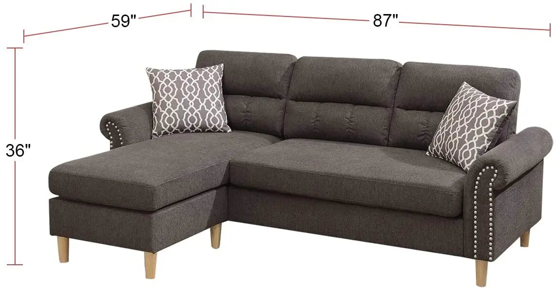 Tan Color Polyfiber Reversible Sectional Sofa Set Chaise Pillows Plush Cushion Couch Nailheads - HOMELIVING