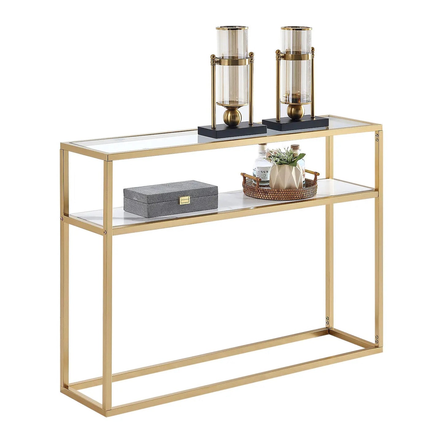 3-Layer Console Tables Faux Marble Sofa Tables Foyer Tables Metal Gold Frame Behind Couch Table for Living Room Entryway Hallway - HOMELIVING