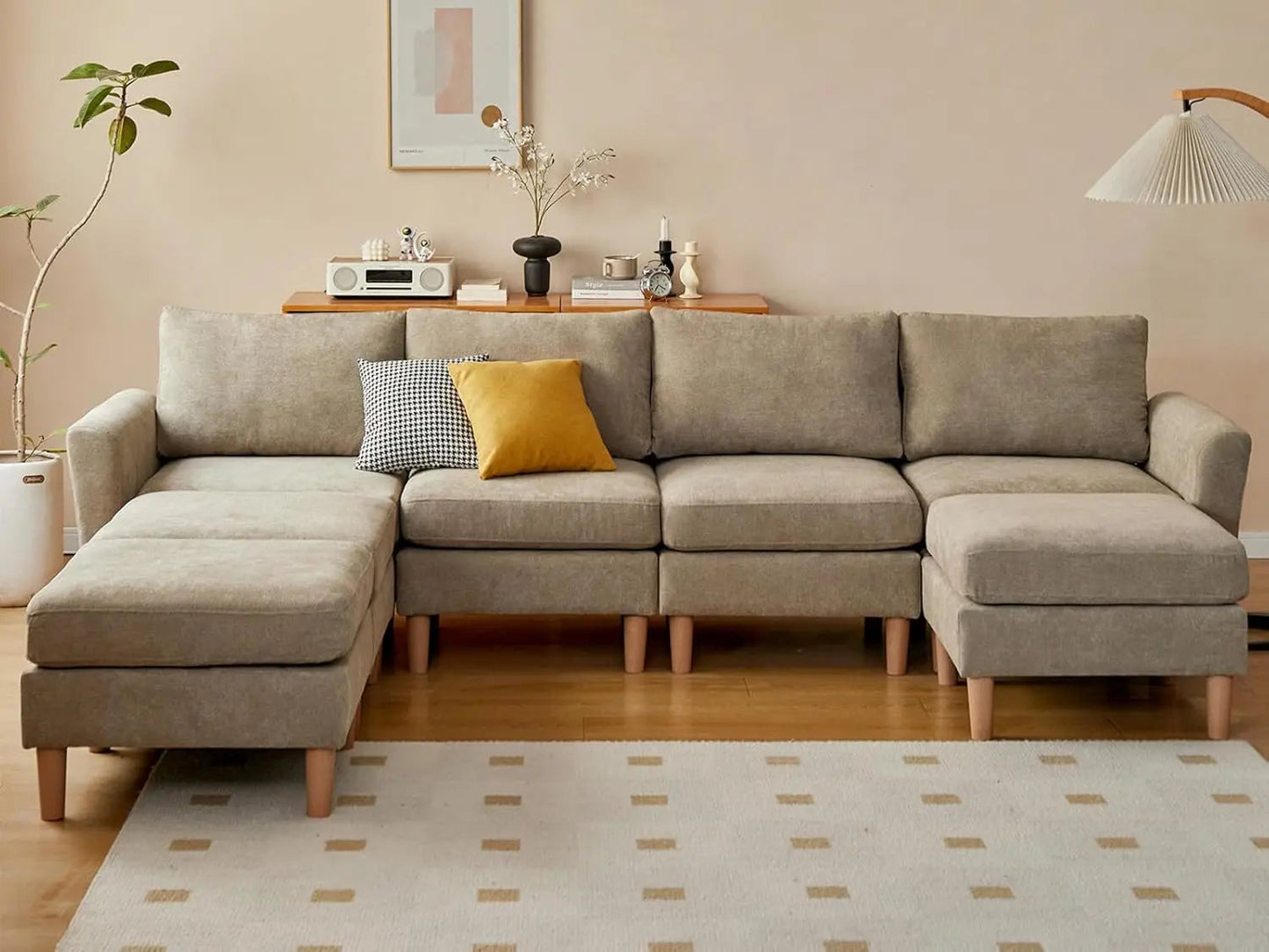 Convertible Sectional Sofa with Reversible Chaise Modular Sectional Sofa Couch with Ottomans Polyester Fabric Couches - HOMELIVING