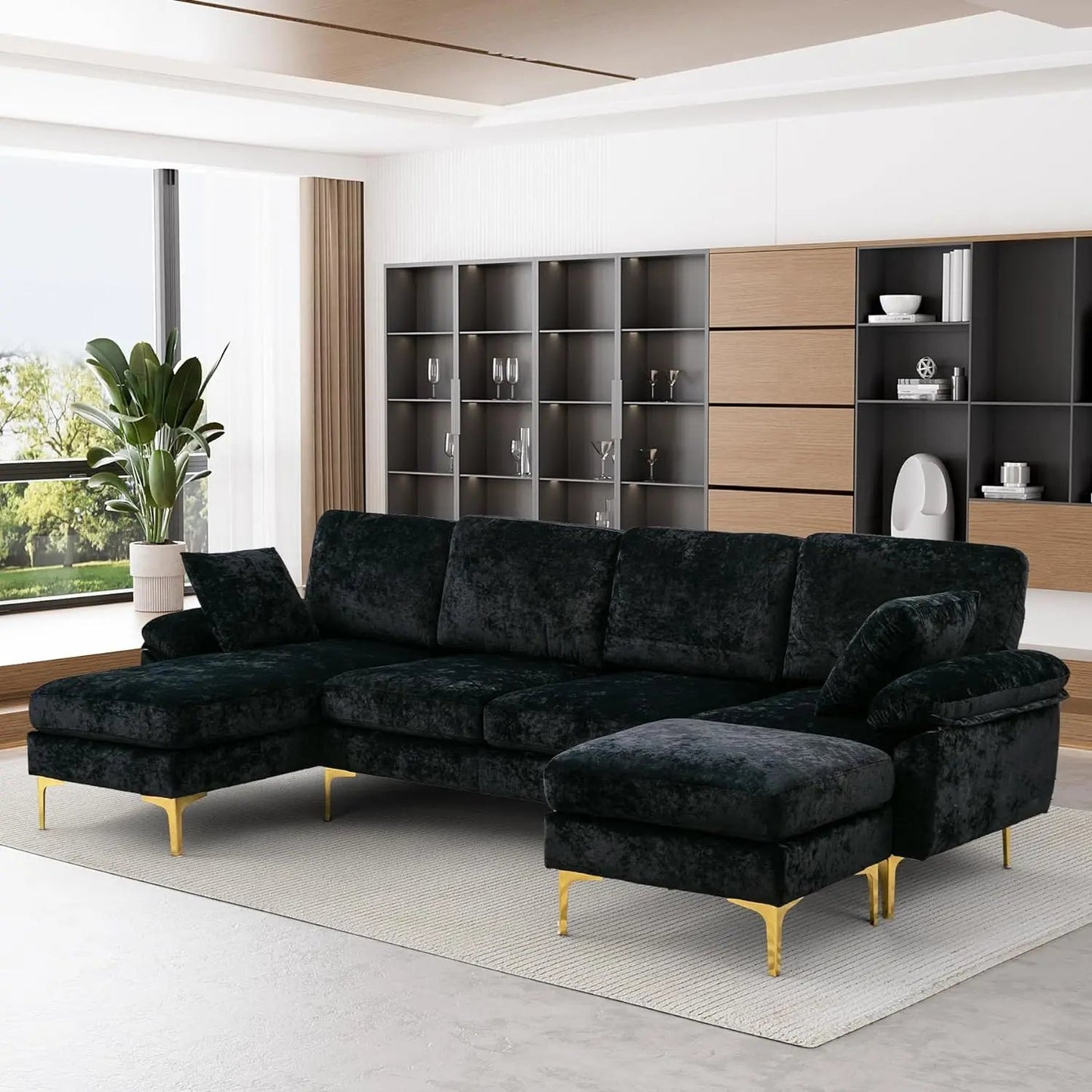 U-Shaped Sectional Sofa Couch, 4 Seat Sofa Set for Living Room, Convertible L-Shaped Velvet Couch Set - HOMELIVING