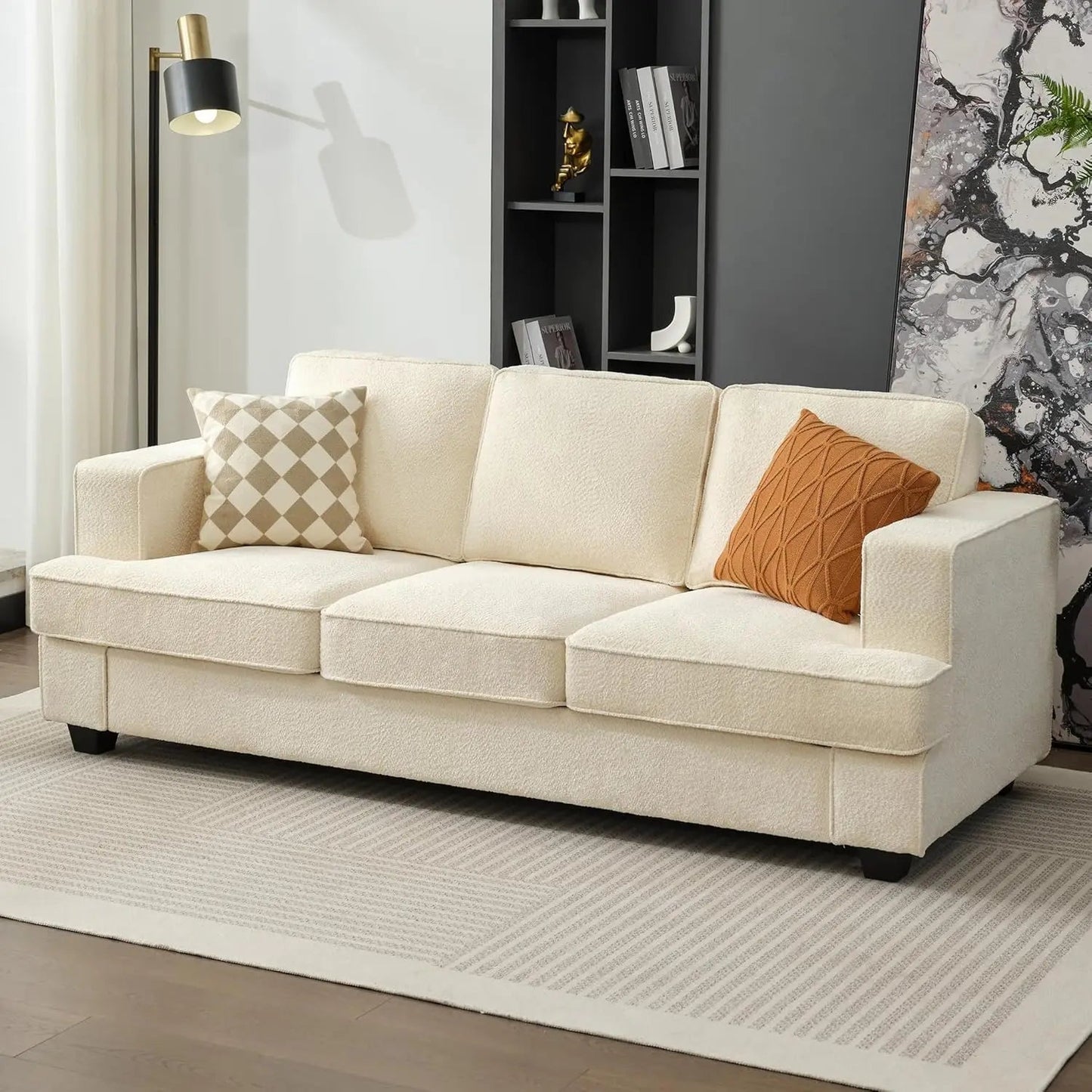 Boucle Comfy Couch, Couches for Living Room, Sleeper Sofa with Extra Deep Seats, Modern Sofa, Teddy Velvet, Oyster White - HOMELIVING