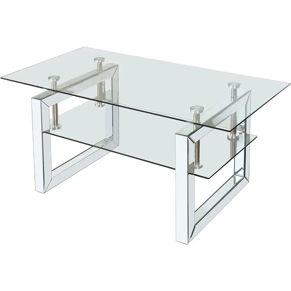 Glass Coffee Table, Modern Coffee Tables with Lower Shelf and Mirrored Legs for Living Room, Home Office, Coffee Table - HOMELIVING